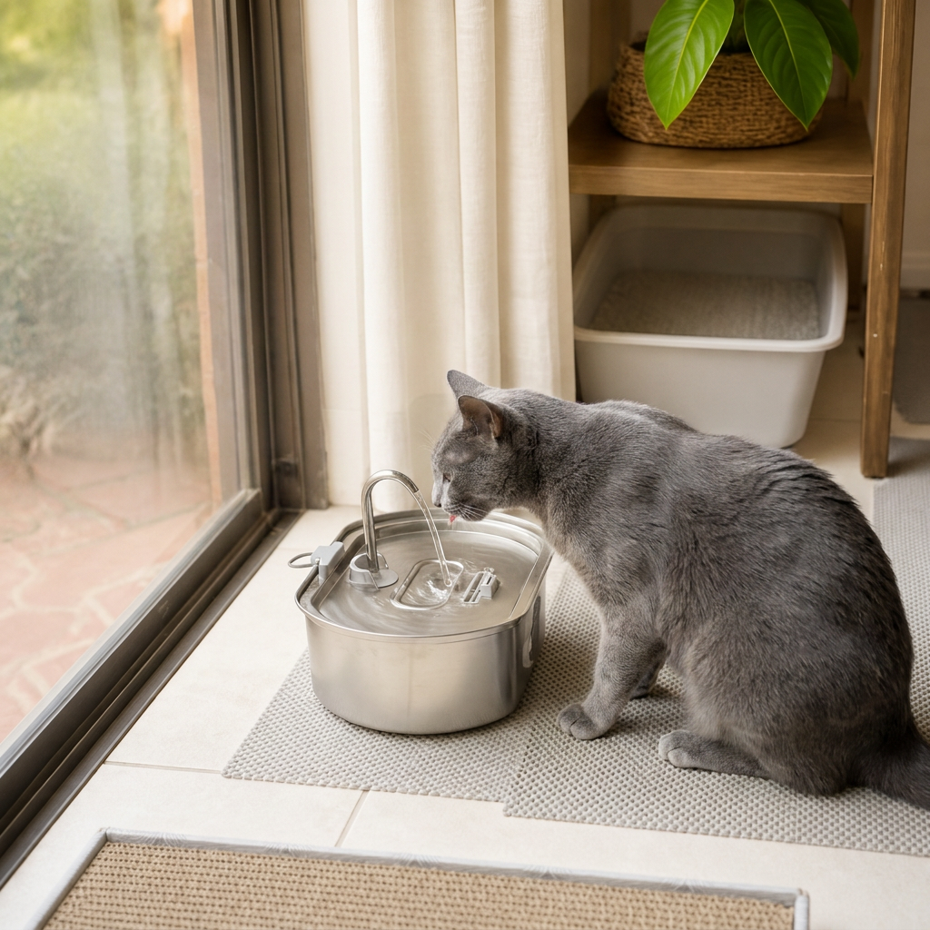Happy Wag 3.2L Stainless-Steel Water Fountain, shown in a home setting