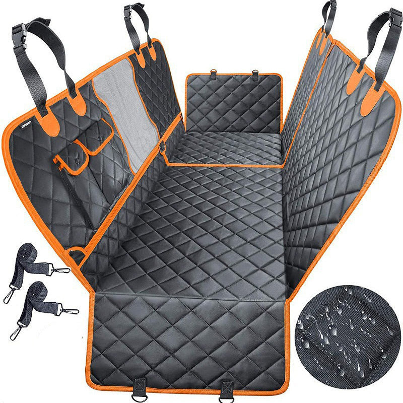 Happy Wag All-Weather Rear Seat Protector, flat layout showing the panels, straps and safety belts