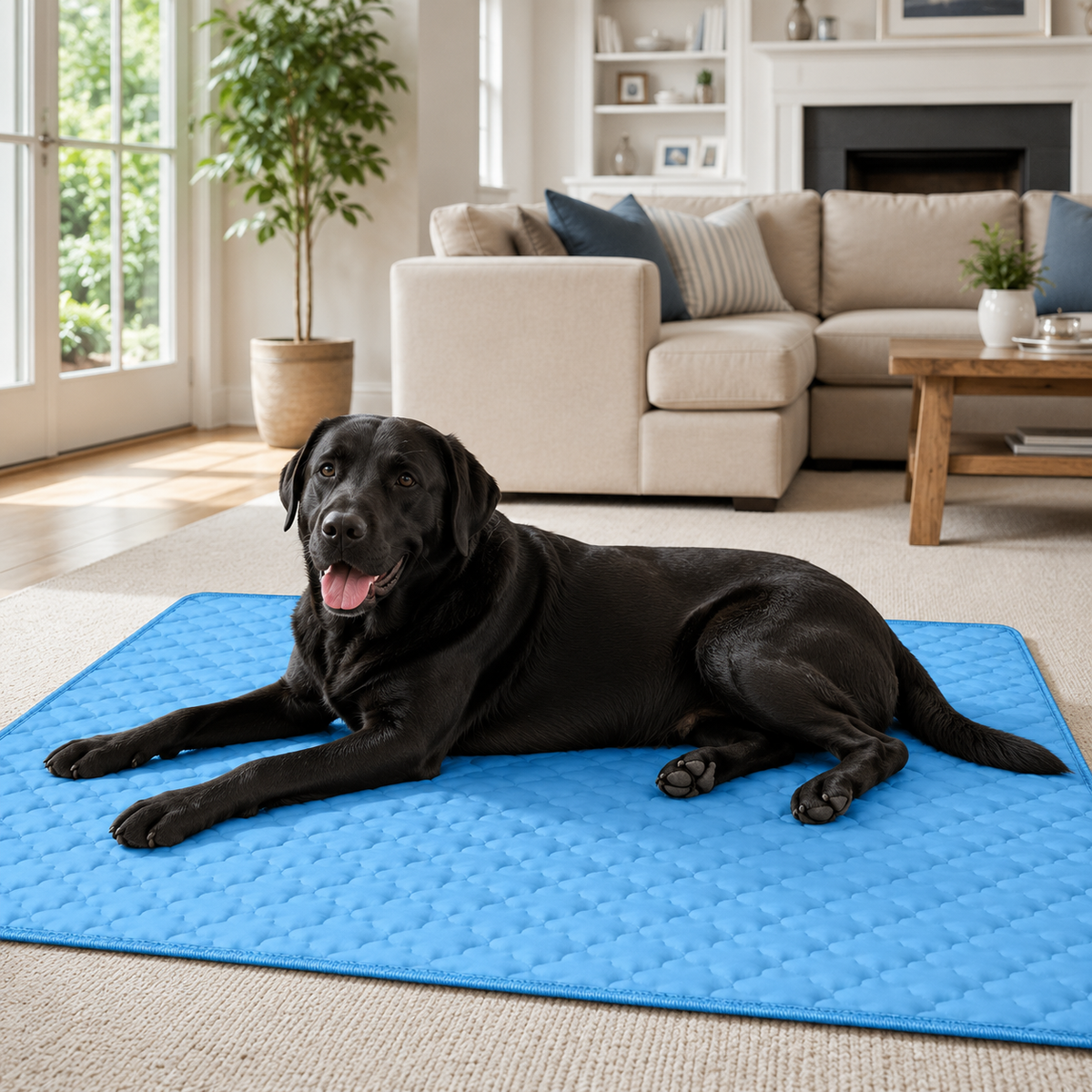 Happy Wag Instant Cooling Mat shown in a home setting