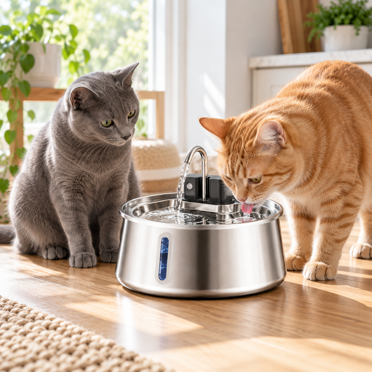 Happy Wag 4L Wireless Stainless-Steel Fountain, cat drinking from the fountain