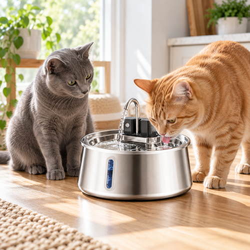 Happy Wag 4L Wireless Stainless-Steel Fountain, cat drinking from the fountain