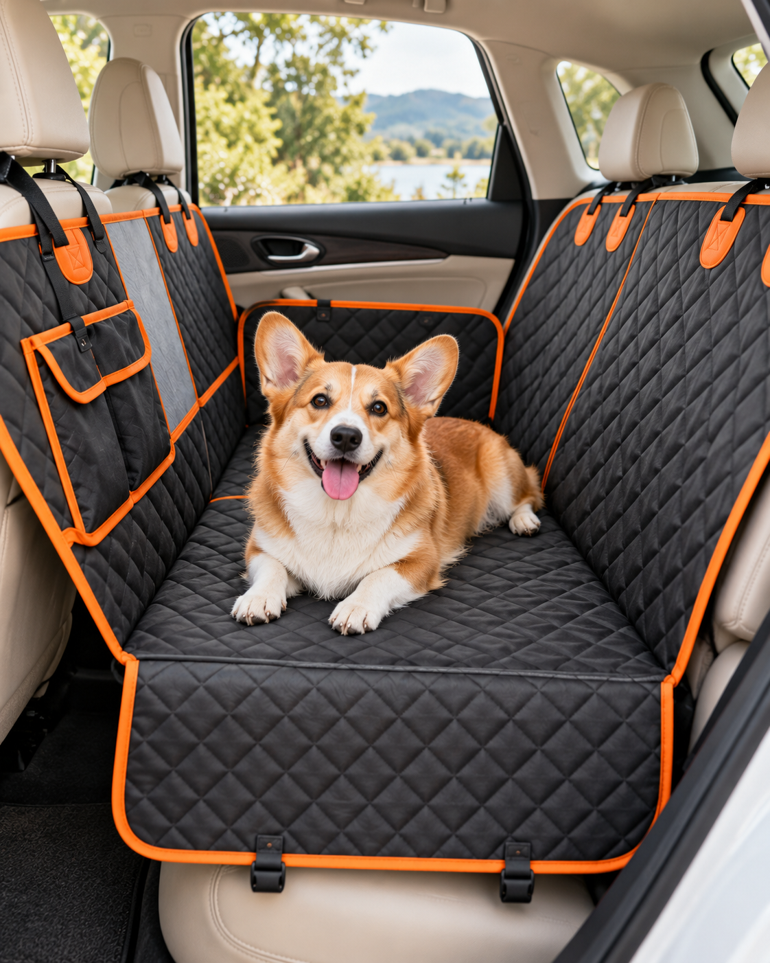 Happy Wag All-Weather Rear Seat Protector, dog sitting on the seat protector in a car