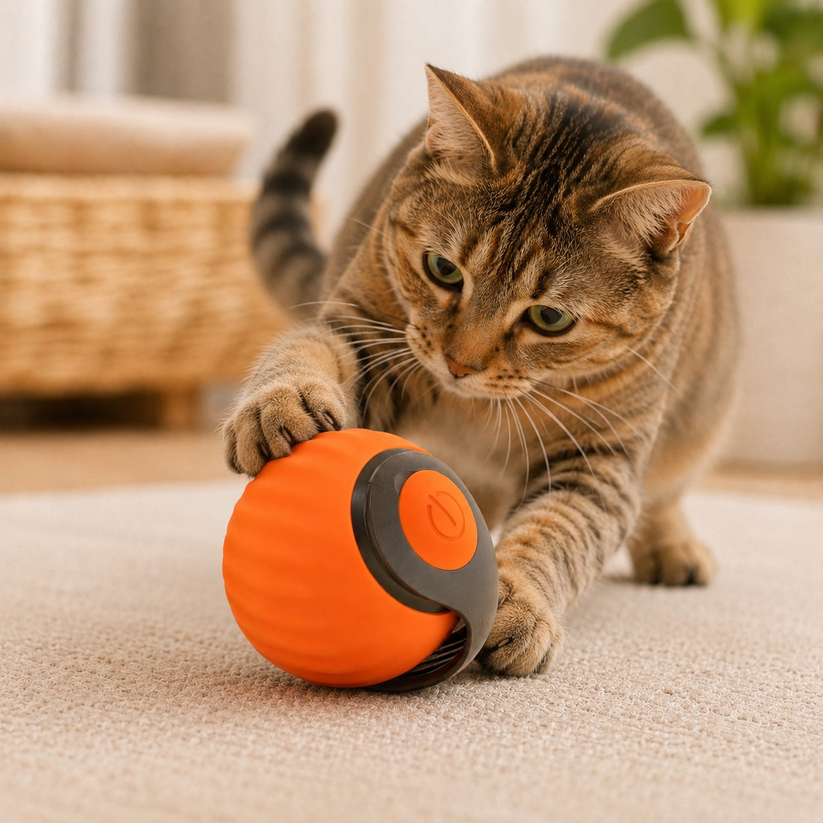 Happy Wag Pounce & Play Ball automatic cat toy, feather attachment detail