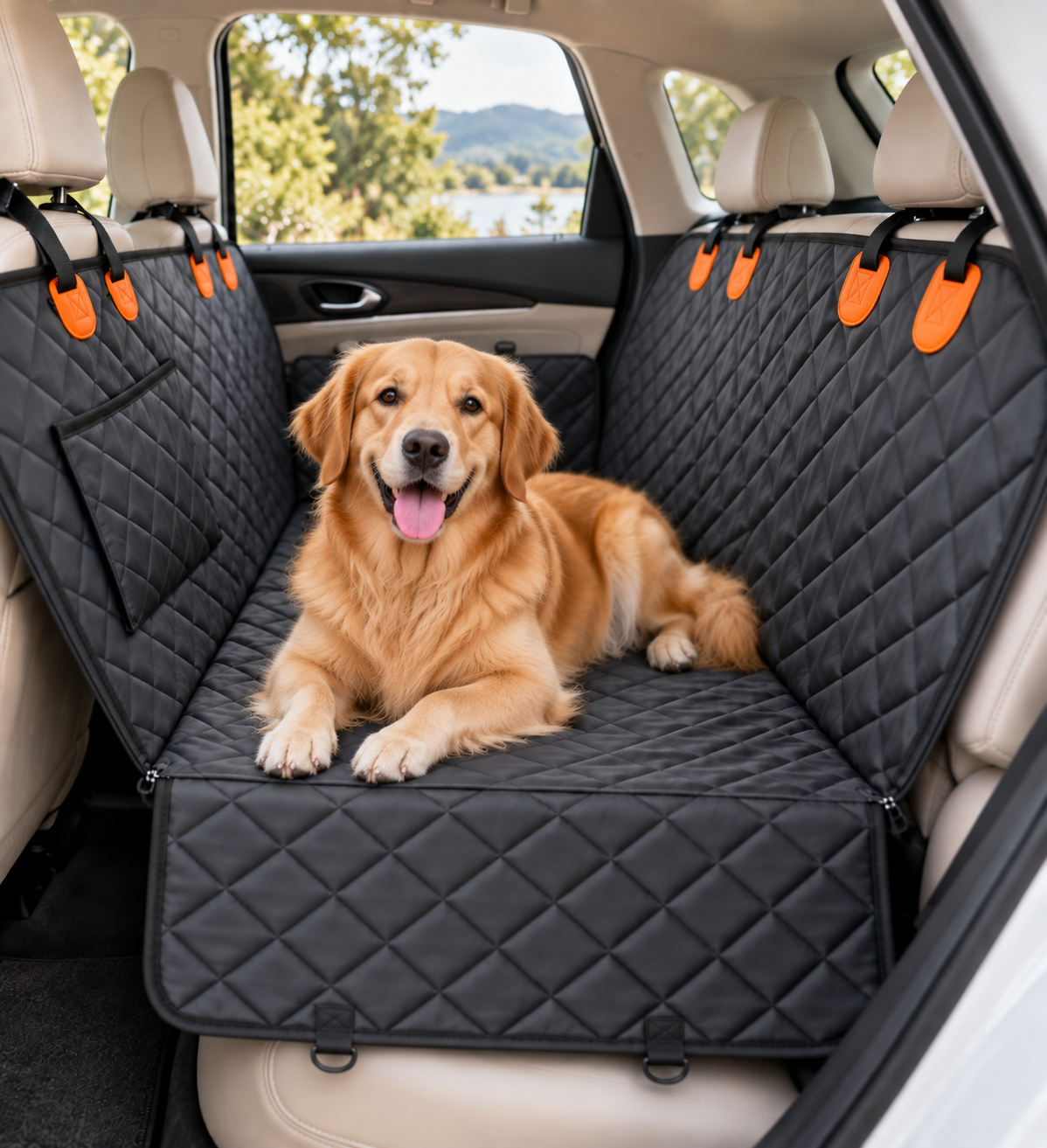 Happy Wag All-Weather Rear Seat Protector, product feature illustration