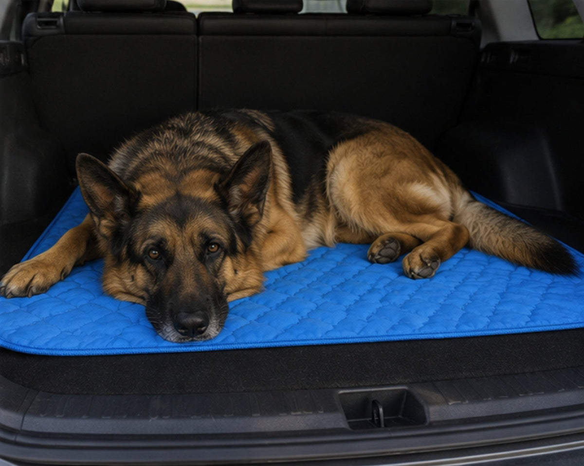 German Shepherd resting on a Happy Wag Instant Cooling Mat in a car boot