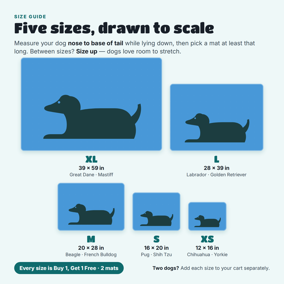 Happy Wag Instant Cooling Mat size guide, XS to XL with dimensions