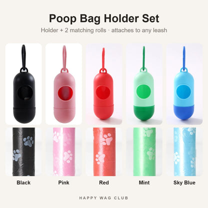 Happy Wag WalkPod poop bag holder sets in Black, Pink, Red, Mint and Sky Blue, each with 2 matching rolls of bags