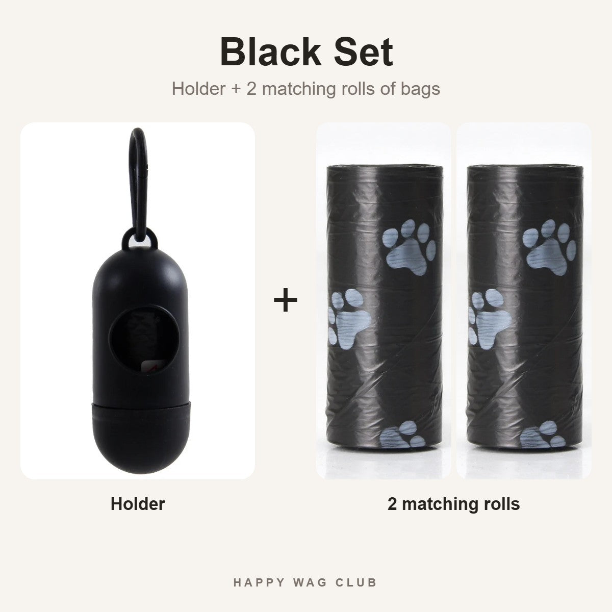 Black poop bag holder with 2 matching rolls of black bags