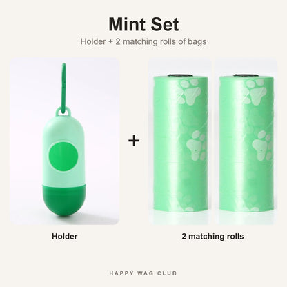 Mint poop bag holder with 2 matching rolls of mint green bags