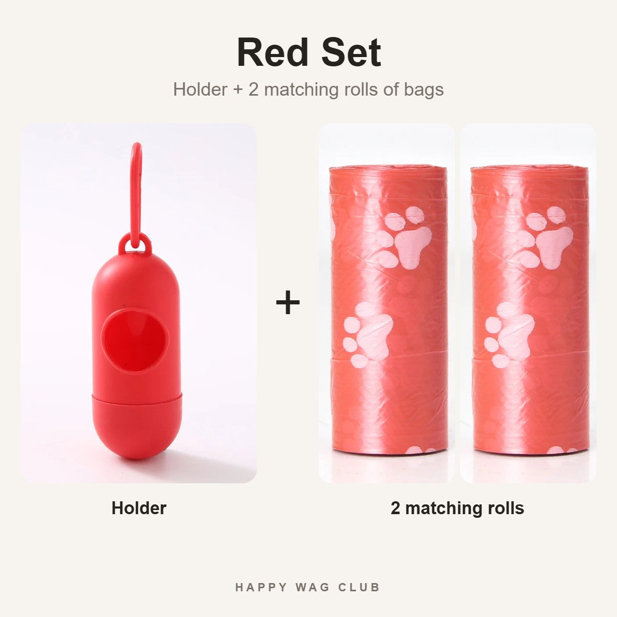 Red poop bag holder with 2 matching rolls of red bags