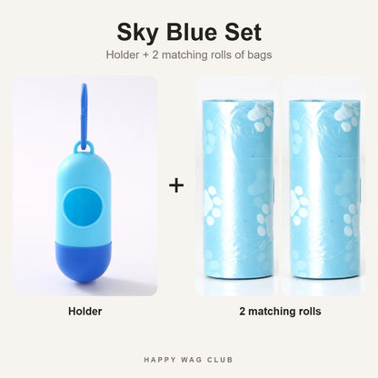 Sky Blue poop bag holder with 2 matching rolls of sky blue bags